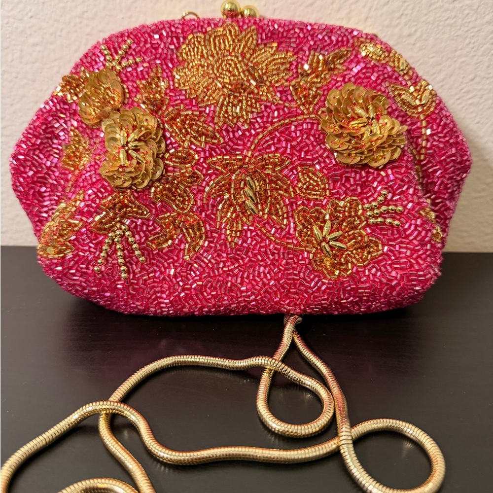 Pink Beaded Floral Evening Clutch with Gold Accents